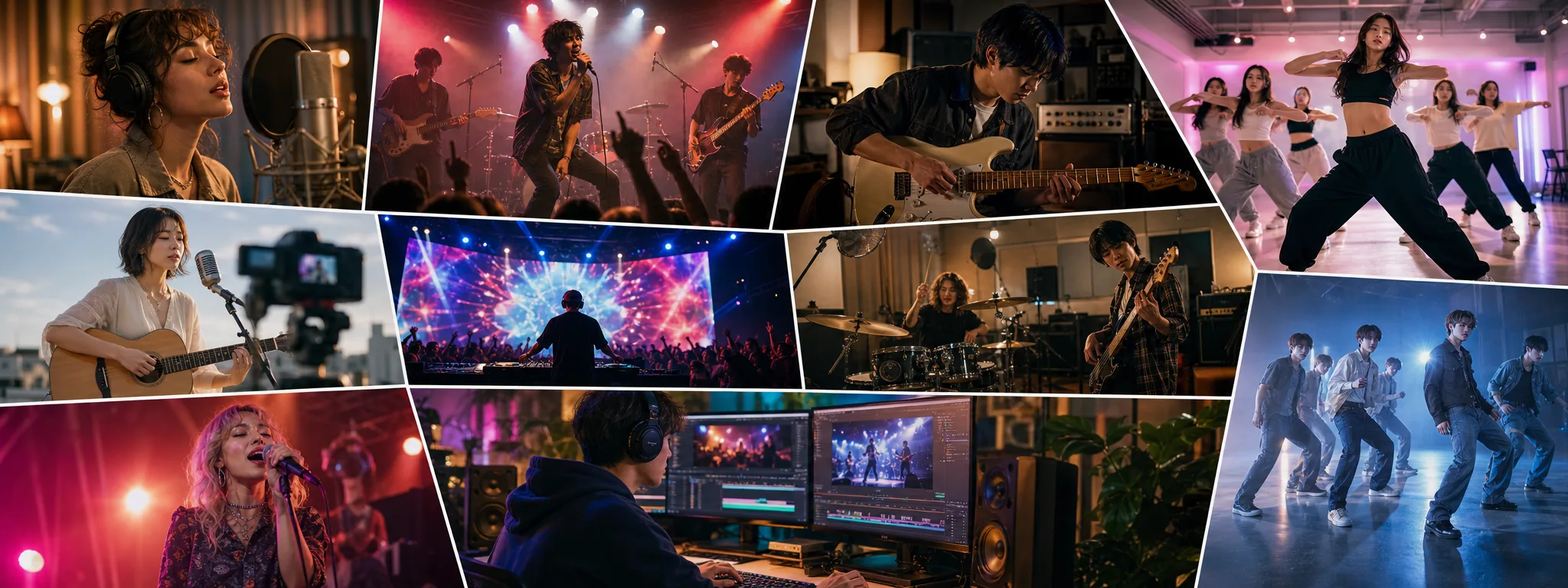 Createurs examinant des formats de video musicale IA sur un large mur de previsualisation en studio