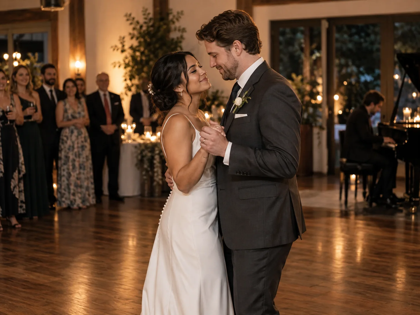 Recém-casados na primeira dança enquanto a família observa em uma recepção com luz suave