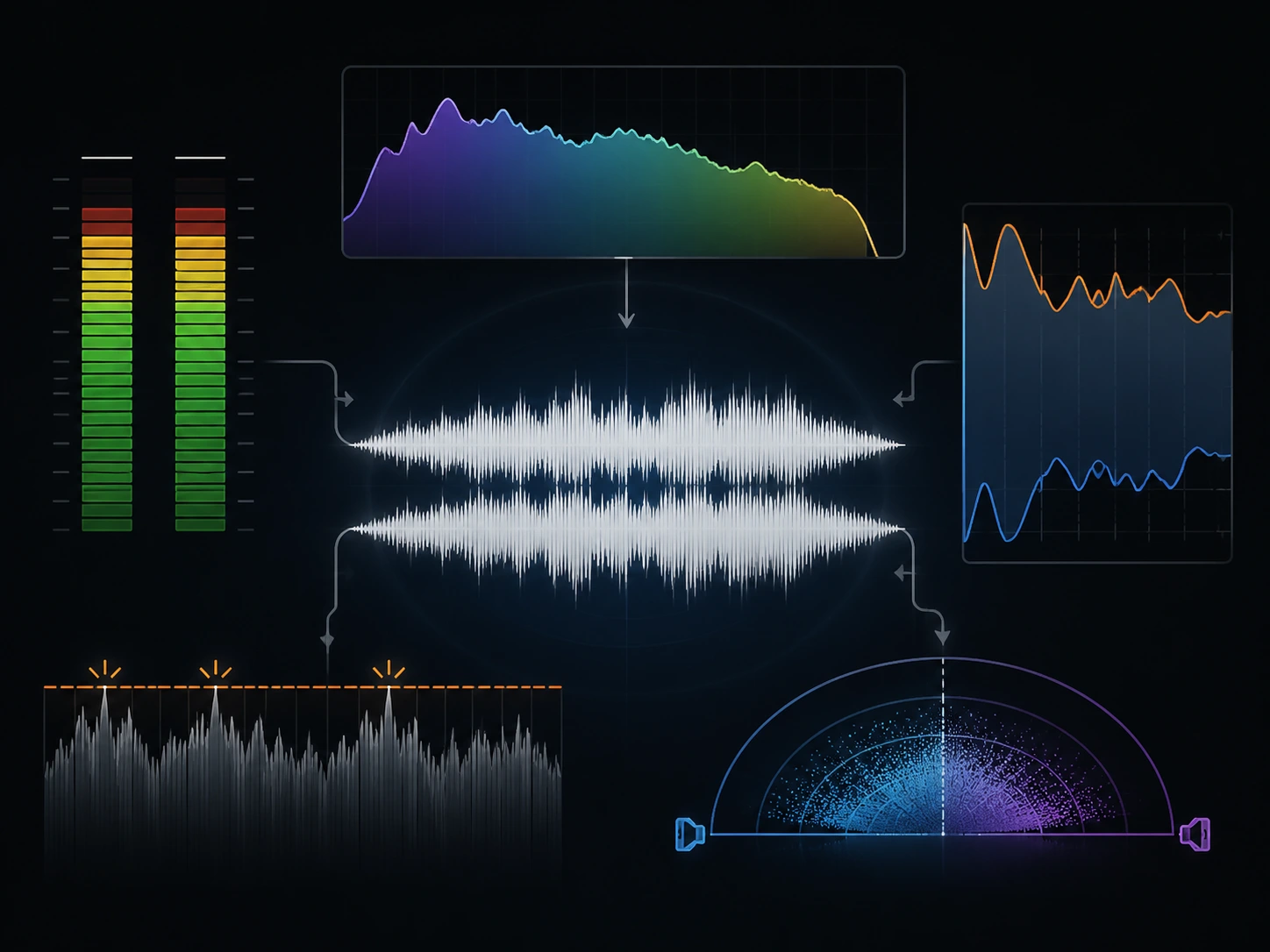 Mastering ajusta características amplas como loudness, timbre, dinâmica, controle de pico e apresentação estéreo